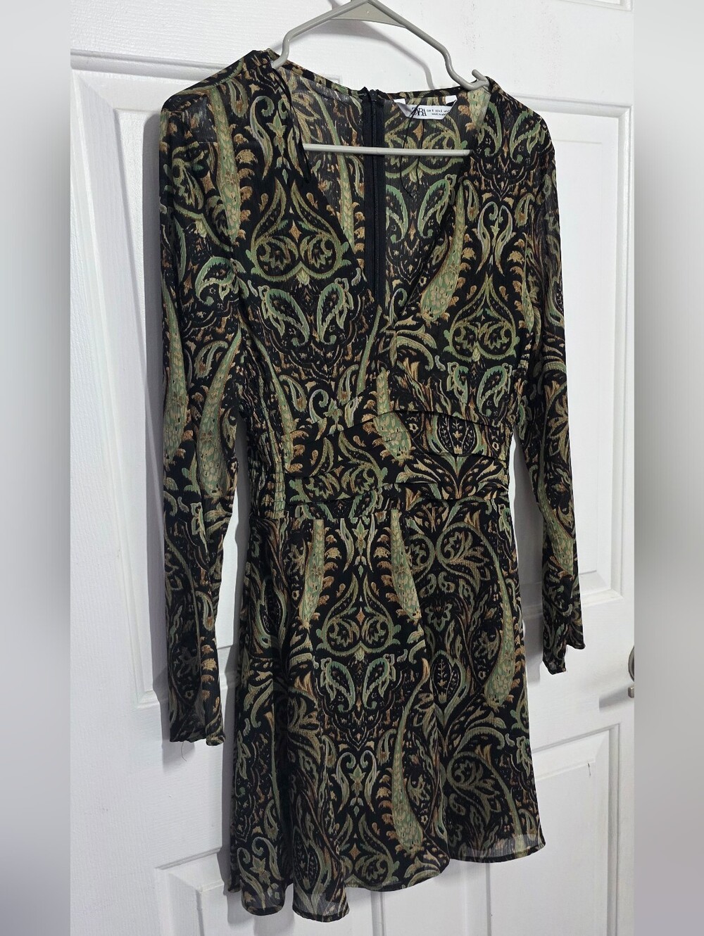 ZARA Print A-Line Long-Sleeve V-Neck Mini Dress - Green - Picture 4 of 6
